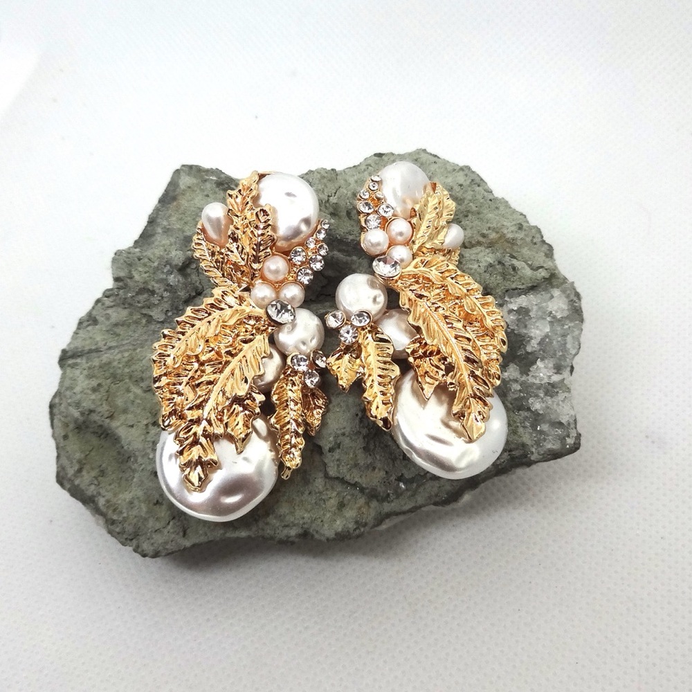 Zara Gold Rhinestone Pearl Earrings - Picture 8 of 8